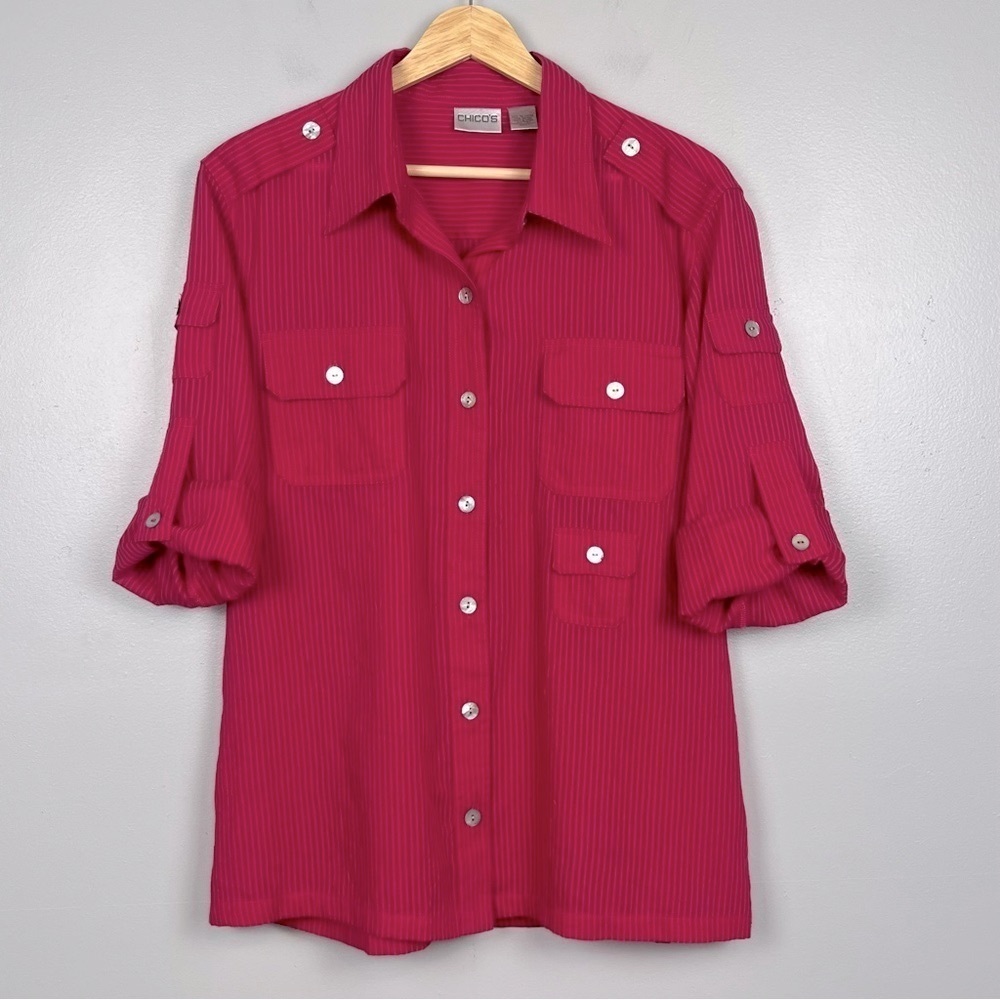 Chico’s berry pink poly cotton button front rolltab sleeve shirt, size medium.